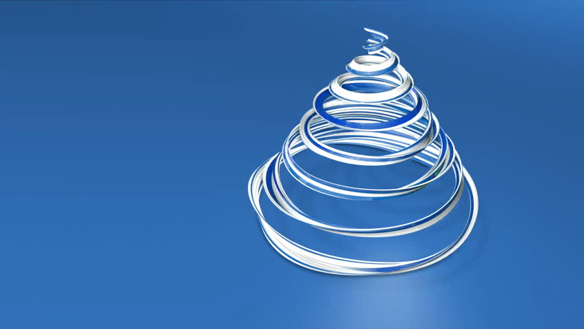 A shiny festive ribbon forms a Christmas tree symbol that rotates. 3d render of Christmas bright juicy composition. Seamless looped animation. Blue white ribbon on blue background. 5