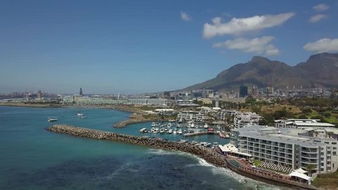 Aerial of Cape Town in South Africa as seen from the waterfront - overlooking Table Mountain and Lions Head