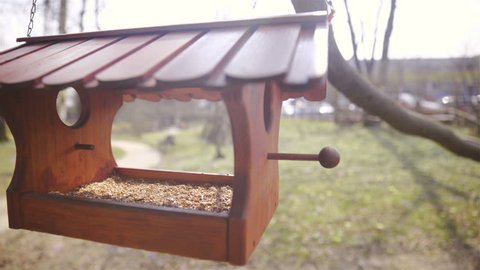 Hanging wooden bird house with seeds inside HD.Medium static shot of brown bird house outside in park. Some cars in background out of focus passing by.