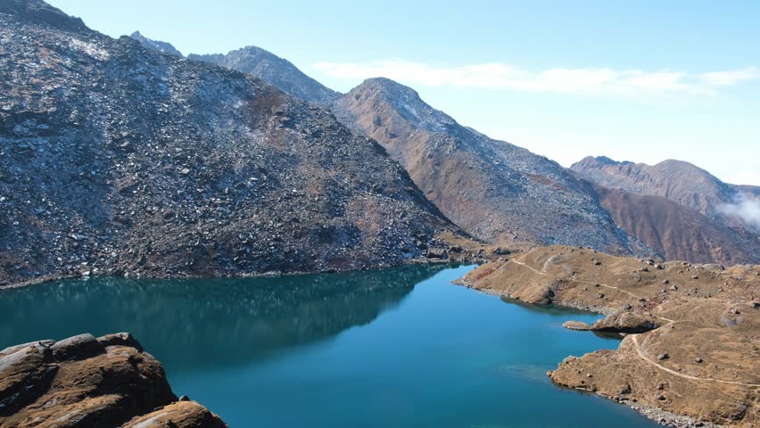 Zoom of the beautiful Gokyo lake in Nepal.