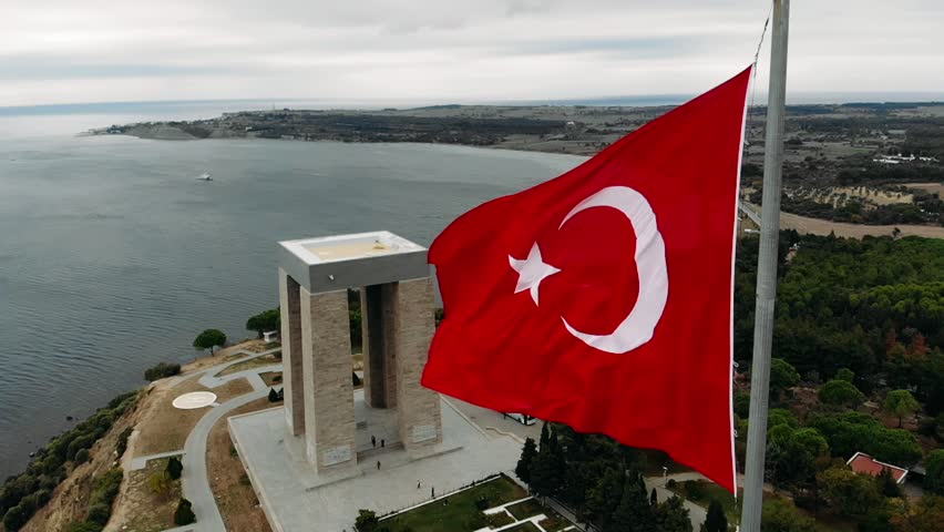 The Çanakkale Martyrs' Memorial is a war memorial commemorating the service of about 253,000 Turkish soldiers who participated at the Battle of Gallipoli. Royalty-Free Stock Footage #1020860428