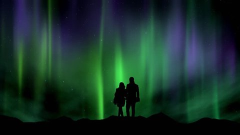 The silhouette of a couple watching the aurora borealis and shooting stars.