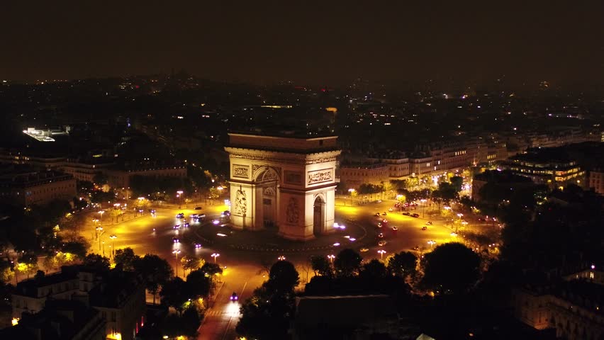 Triumphal arch at night aerial view Paris Royalty-Free Stock Footage #1020879409