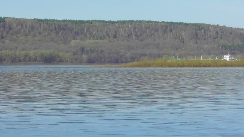 Cargo ship sailing along the Volga River