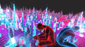 Geometric laser cityscape with human figures. Seamless neon retro futuristic animation - Powered by Shutterstock - Get 15% off with code: PIKWIZARD15