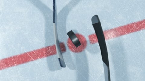 One Hockey Sticks Winning the Puck on Ice in Throw-in Zone. Slow Motion Close-up Beautiful 3d animation with and without DOF Blur and Lens Flares. Active Sport Concept. ID Mask. 4k Ultra HD 3840x2160