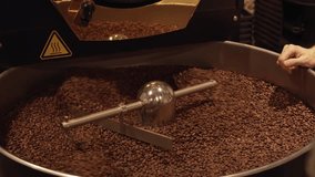 Dark and aromatic coffee beans in a modern roasting machine stock footage video