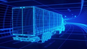 Blue wireframe Trailer Truck rides through Blue tunnel 3d rendering - Powered by Shutterstock - Get 15% off with code: PIKWIZARD15