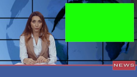 Female news presenter in broadcasting studio with green screen display for mockup usage