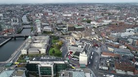 The drone tracks perpendicularly to the River Liffey and the city centre, e.g. the customs house, the Dail Eireann and the new Ulster Bank building