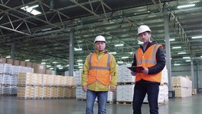 Workers walking and discussing stock inventory against tall shelves, in a warehouse with bright lamps. - Powered by Shutterstock - Get 15% off with code: PIKWIZARD15