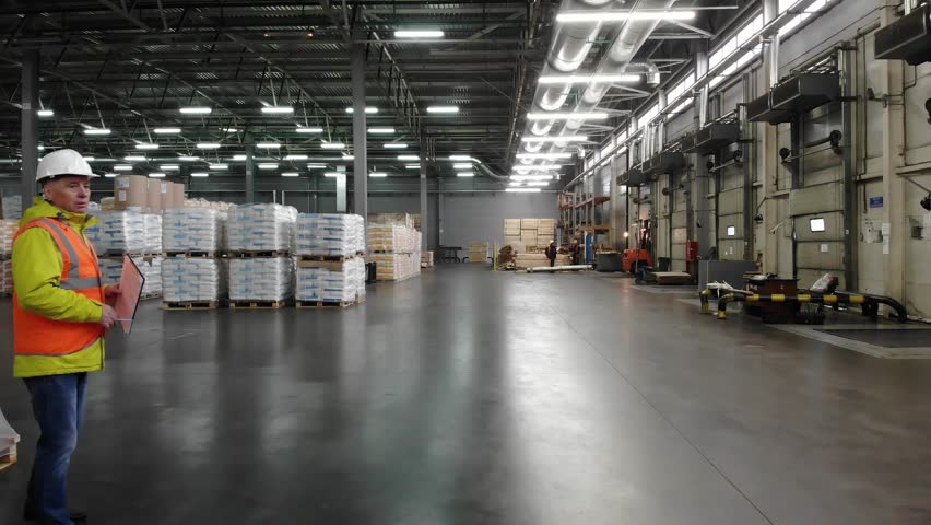 Rear view of warehouse team discussing while walking in warehouse. Aerial, top view. Royalty-Free Stock Footage #1020927871