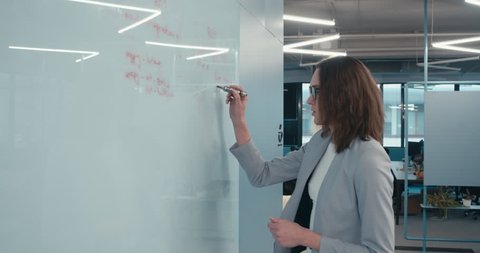 Attractive mid-30s female manager leading creative brainstorming meeting in modern office, presenting her ideas to the team on white board. 4K UHD