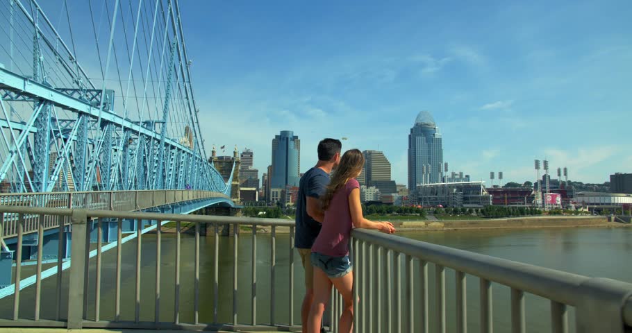 Couple Looks Out Over Roebling Bridge, Cincinnati