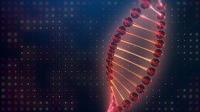 DNA mutation and desiase theme video. Red glowing Helix on dark blue background. 3d animation of molecule. For science and health.