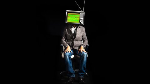smart businessman with a television as a head. the tv has the statement - overworked stressed tired animated on the screen