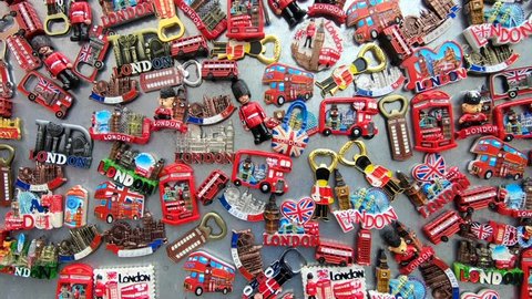 LONDON - MAY, 2018: Colorful fridge Magnets at Camden market in London.