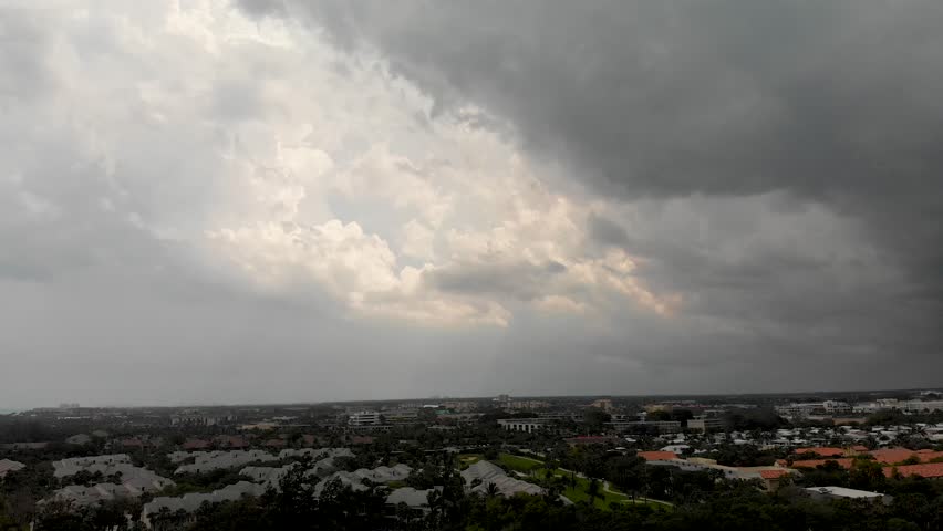Dubois Park and Jupiter skyline panoramic aerial view with storm coming, Florida.