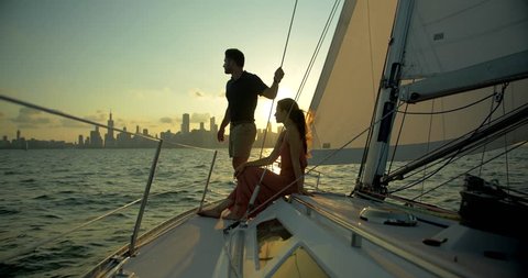 Attractive Couple on Sailboat, Chicago Skyline