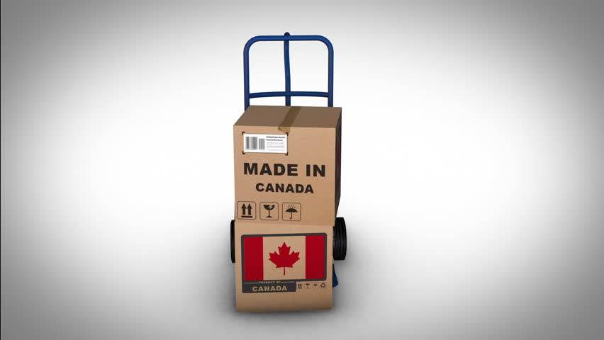 Made in Canada-Blue Trolley with box rotation-3D animation of corrugated boxes