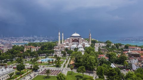 Istanbul time lapse. Hagia Sophia Museum view and rain. 