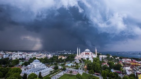Hagia Sophia Museum view and Istanbul time lapse. Rain is coming. Cloudy day in Istanbul. 