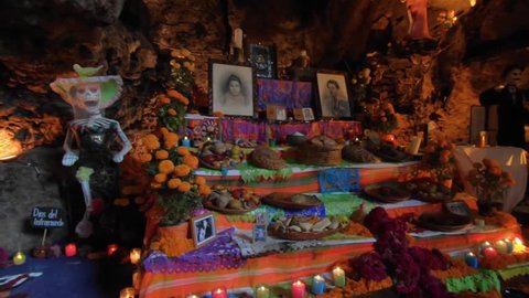 MEXICO CITY, Mexico City, Mexico, November 31, 2018 : Altar of the day of the dead with offerings and gifts in the restaurant La Gruta, Teotihuacan