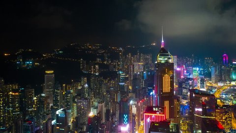 HONG KONG - OCTOBER 5 2018: night illumination downtown cityscape aerial timelapse panorama 4k circa october 5 2018 hong kong.