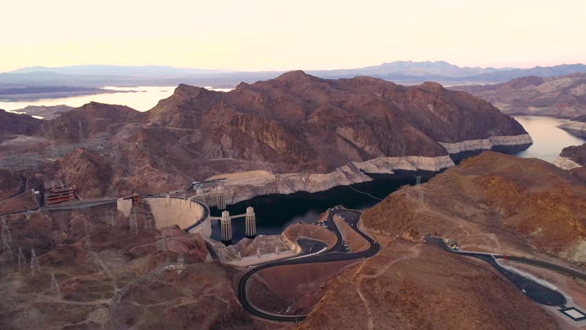 Hoover Dam Flying over helicopter drone Nevada USA Evening aerial view