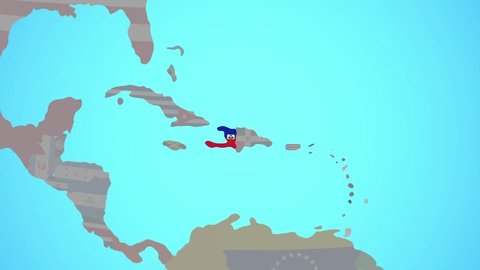 Closing in on Haiti with national flag on blue political globe. 3D illustration.