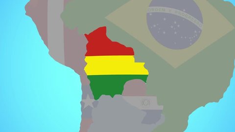 Closing in on Bolivia with national flag on blue political globe. 3D illustration.