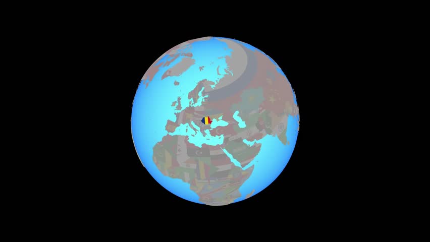 Closing in on Romania with national flag on blue political globe. 3D illustration.