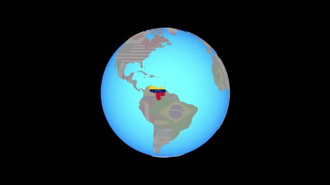 Closing in on Venezuela with national flag on blue political globe. 3D illustration.