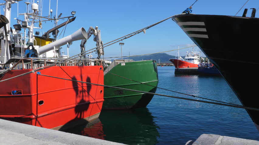 Industrial fishing boats moored in the harbour of Getaria, Spain.