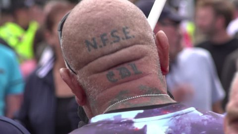 Worcester, United Kingdom (UK) - 09 01 2018: Far right protestor with tattooed skinhead