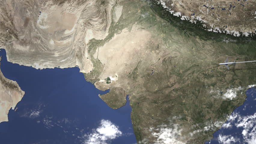 Route of a commercial plane flying to Karachi, Pakistan on the map, 3D animation 