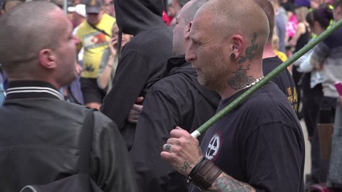 Worcester, United Kingdom (UK) - 09 01 2018: Far right skinhead displays white supremacy symbol