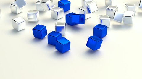 Cubes is falling down on a white and forming an blue arrow 