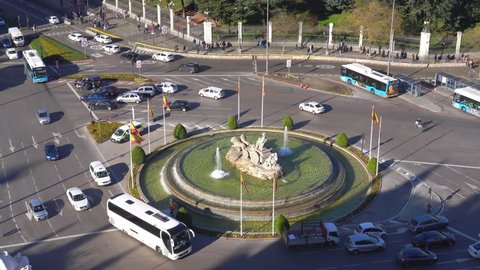 Aerial view of Cibeles fountain at Plaza de Cibeles, an iconic place of Madrid, Spain