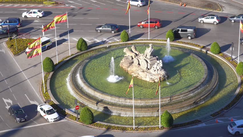 Aerial view of Cibeles fountain at Plaza de Cibeles, an iconic place of Madrid City, Spain