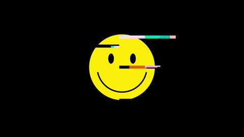 A smiley icon representing a funny yellow happy smiling face, but with a heavy digital distortion glitch effect. Disquieting, unsettling symbol. Small size.
