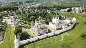 Aerial panoramic view of architectural ensemble of Goritsky Monastery of Dormition in Pereslavl-Zalessky, Russia