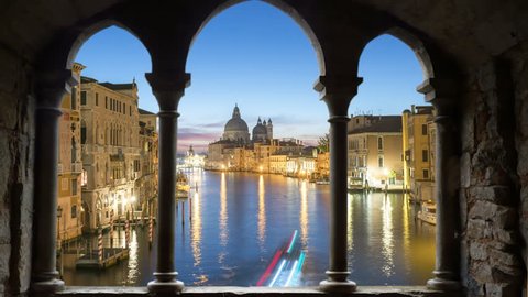 Venice Skyline from day to night seen from old window balcony Italy in 4K. Venedig Italy grand canal.