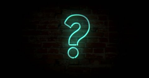 Question mark neon sign light on brick wall background. Glowing large illuminated advertisement in looped concept animation. Retro style.
