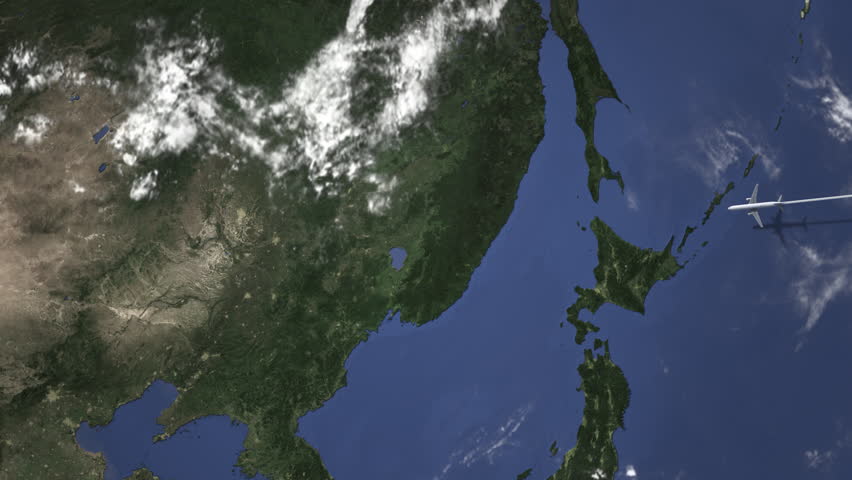 Airplane flying to Harbin, China on the map, 3D animation 