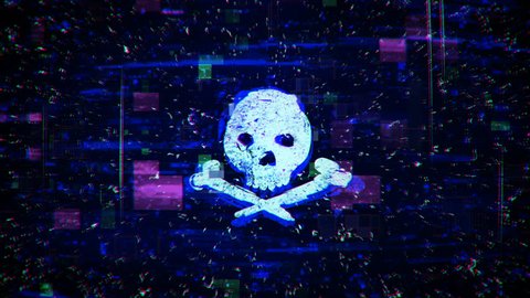 Skull shape with noise and glitching. Internet piracy and online security concept. Seamless loop animation