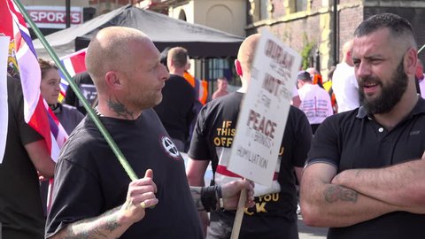 Worcester, United Kingdom (UK) - 09 01 2018: Far right skinhead T-shirt displays white supremacy symbol