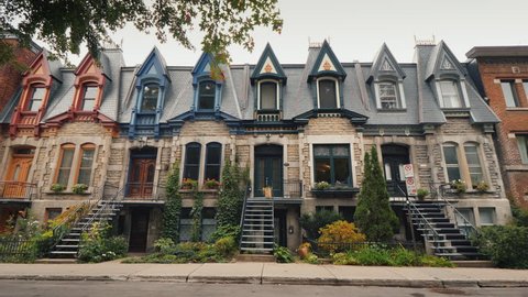 Colorful old Victorian Houses in Square Saint Louis - Montreal, Quebec, Canada. Beautiful multi-colored roofs