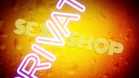 Many neon signs with text (Girls, Live Show, Nude, Topless, Open, Peep, Private, Sexy, Strip Club, XXX) coming to the viewer with a rotation, with a beer bottle surface as a background.

