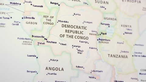 Democratic Republic of the Congo on a political map of the world. Video defocuses showing and hiding the map.